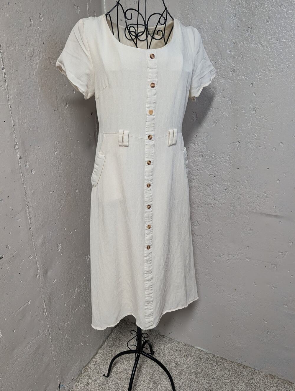 Polagram Cream Button Front Midi Dress Square Neck Pockets Romantic